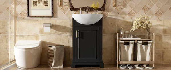 English Elm 20-Inch French Style Bathroom Vanity Solid Wood Cabinet with Bulged Ceramic Basin Black N710P499667B