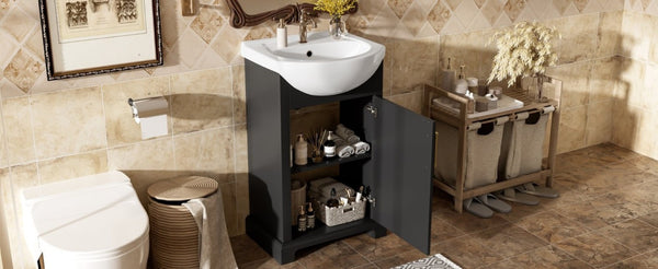 English Elm 20-Inch French Style Bathroom Vanity Solid Wood Cabinet with Bulged Ceramic Basin Black N710P499667B