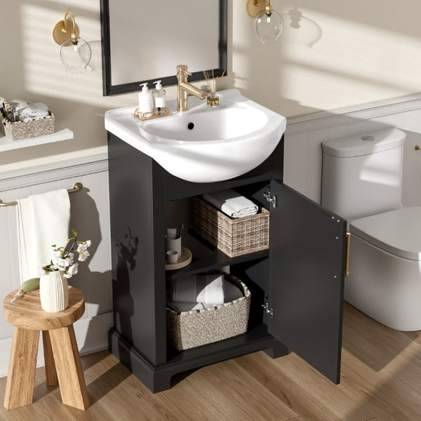 English Elm 20-Inch French Style Bathroom Vanity Solid Wood Cabinet with Bulged Ceramic Basin Black N710P499667B