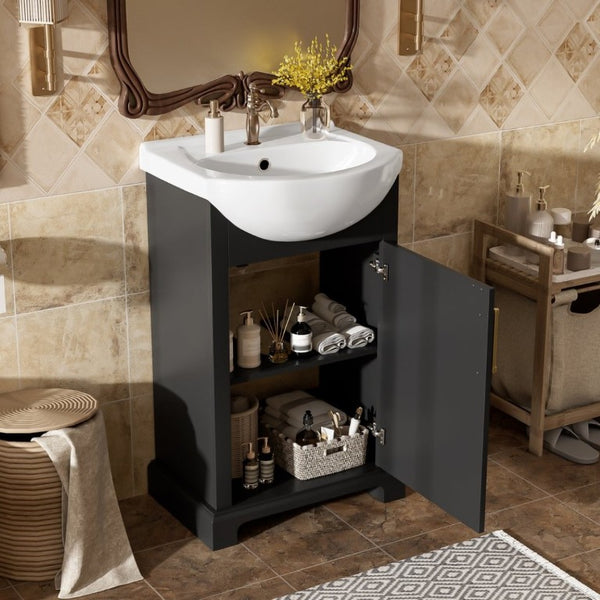 English Elm 20-Inch French Style Bathroom Vanity Solid Wood Cabinet with Bulged Ceramic Basin Black N710P499667B