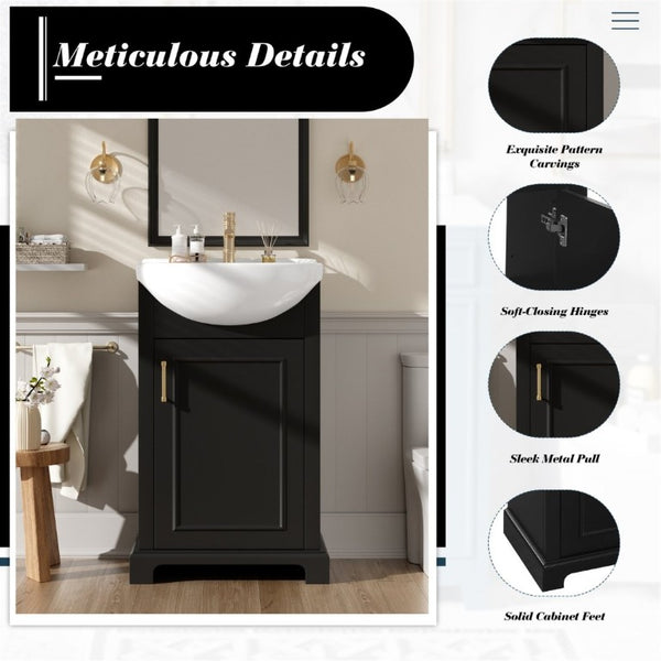 English Elm 20-Inch French Style Bathroom Vanity Solid Wood Cabinet with Bulged Ceramic Basin Black N710P499667B