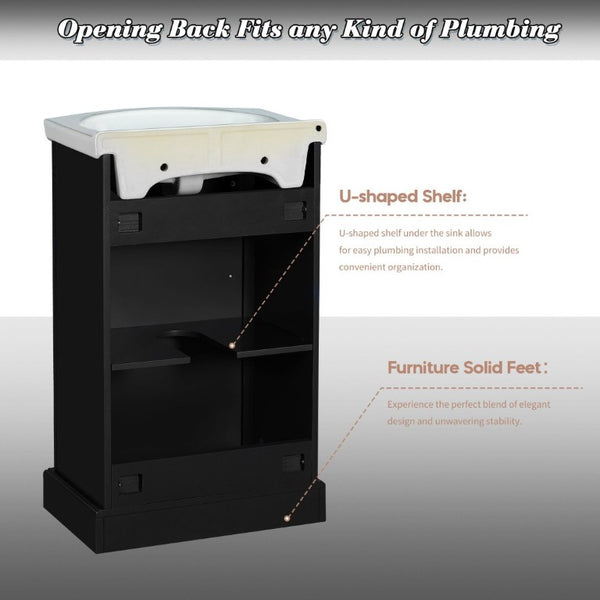 English Elm 20-Inch French Style Bathroom Vanity Solid Wood Cabinet with Bulged Ceramic Basin Black N710P499667B