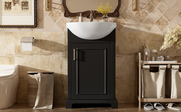 English Elm 20-Inch French Style Bathroom Vanity Solid Wood Cabinet with Bulged Ceramic Basin Black N710P499667B