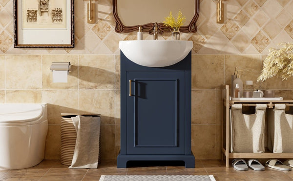 English Elm 20-Inch French Style Bathroom Vanity Solid Wood Cabinet with Bulged Ceramic Basin Blue N710P499667C