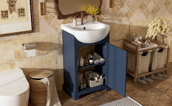 English Elm 20-Inch French Style Bathroom Vanity Solid Wood Cabinet with Bulged Ceramic Basin Blue N710P499667C