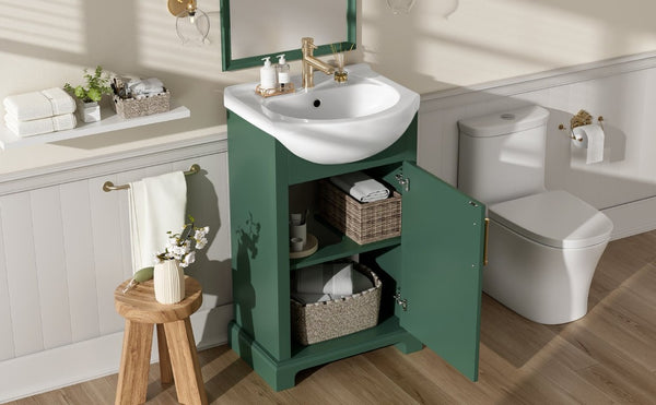 English Elm 20-Inch French Style Bathroom Vanity Solid Wood Cabinet with Bulged Ceramic Basin Green N710P499667F