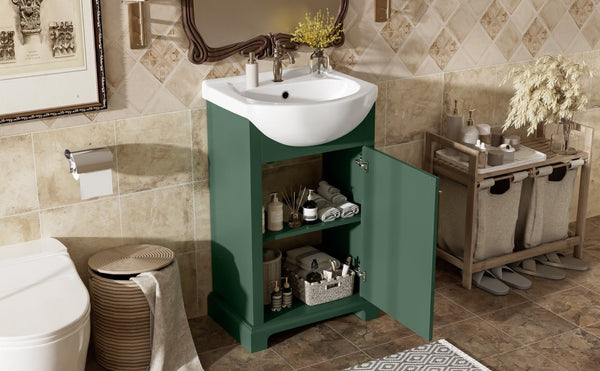English Elm 20-Inch French Style Bathroom Vanity Solid Wood Cabinet with Bulged Ceramic Basin Green N710P499667F