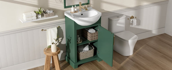 English Elm 20-Inch French Style Bathroom Vanity Solid Wood Cabinet with Bulged Ceramic Basin Green N710P499667F