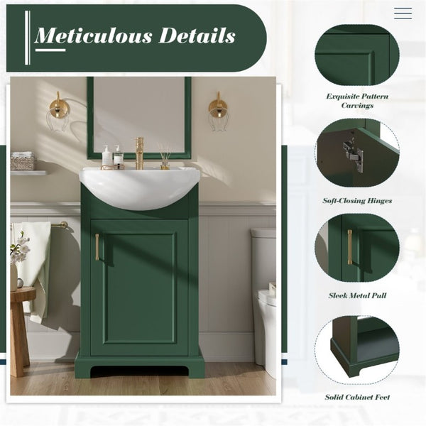 English Elm 20-Inch French Style Bathroom Vanity Solid Wood Cabinet with Bulged Ceramic Basin Green N710P499667F