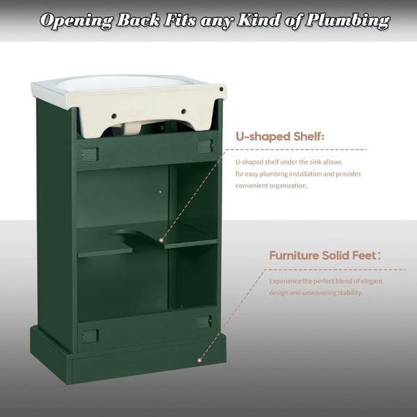 English Elm 20-Inch French Style Bathroom Vanity Solid Wood Cabinet with Bulged Ceramic Basin Green N710P499667F
