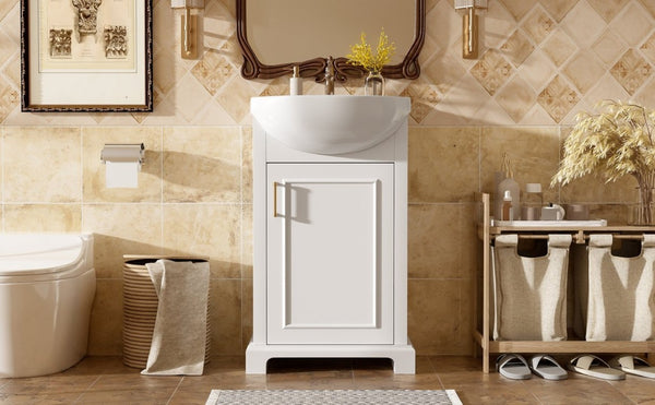 English Elm 20-Inch French Style Bathroom Vanity Solid Wood Cabinet with Bulged Ceramic Basin White N710P499667K