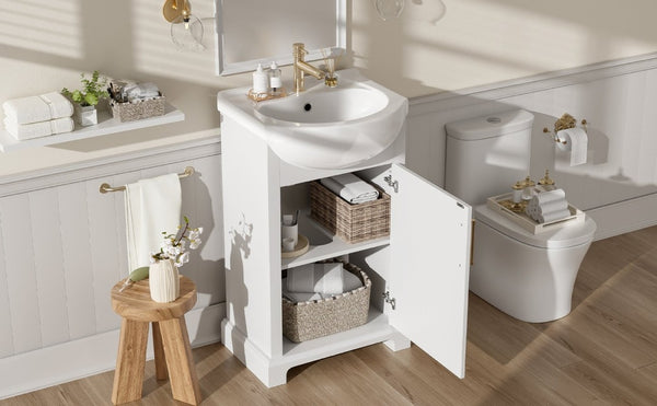 English Elm 20-Inch French Style Bathroom Vanity Solid Wood Cabinet with Bulged Ceramic Basin White N710P499667K