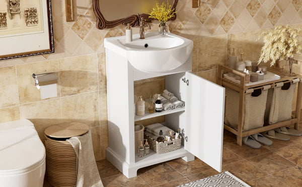 English Elm 20-Inch French Style Bathroom Vanity Solid Wood Cabinet with Bulged Ceramic Basin White N710P499667K