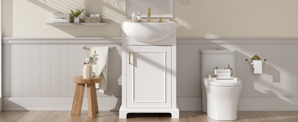 English Elm 20-Inch French Style Bathroom Vanity Solid Wood Cabinet with Bulged Ceramic Basin White N710P499667K