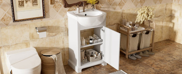 English Elm 20-Inch French Style Bathroom Vanity Solid Wood Cabinet with Bulged Ceramic Basin White N710P499667K