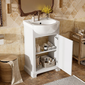 English Elm 20-Inch French Style Bathroom Vanity Solid Wood Cabinet with Bulged Ceramic Basin White N710P499667K