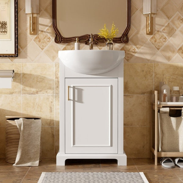 English Elm 20-Inch French Style Bathroom Vanity Solid Wood Cabinet with Bulged Ceramic Basin White N710P499667K