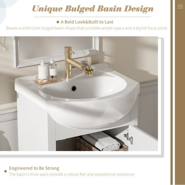 English Elm 20-Inch French Style Bathroom Vanity Solid Wood Cabinet with Bulged Ceramic Basin White N710P499667K