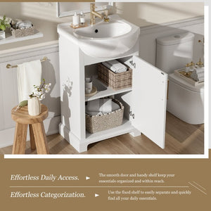 English Elm 20-Inch French Style Bathroom Vanity Solid Wood Cabinet with Bulged Ceramic Basin White N710P499667K