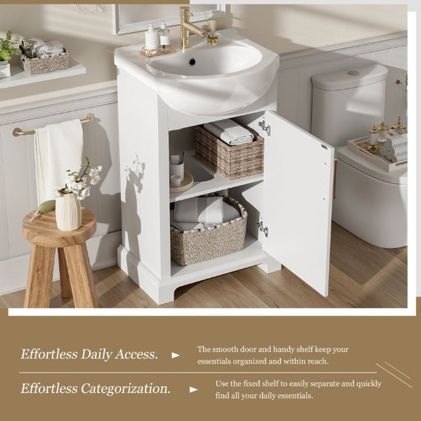 English Elm 20-Inch French Style Bathroom Vanity Solid Wood Cabinet with Bulged Ceramic Basin White N710P499667K