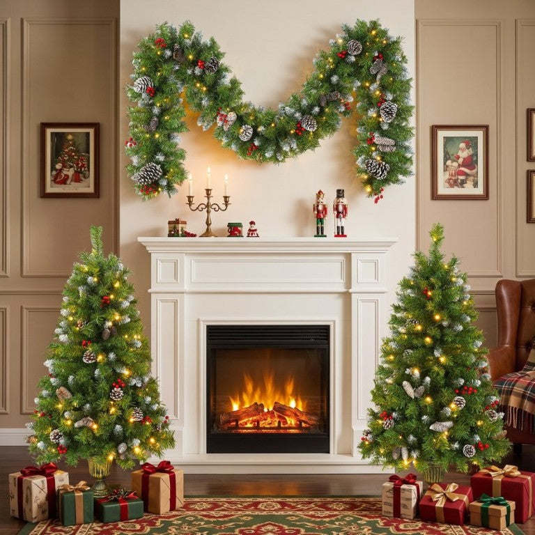 English Elm Pre-Lit Artificial Christmas 3 Piece Set with Warm White LED Entrance Trees and Garland N710P507110F