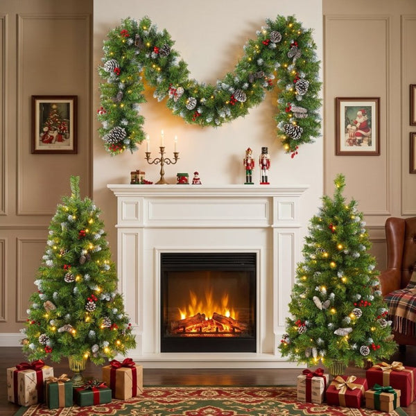 English Elm Pre-Lit Artificial Christmas 3 Piece Set with Warm White LED Entrance Trees and Garland N710P507110F