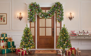 English Elm Pre-Lit Artificial Christmas 3 Piece Set with Warm White LED Entrance Trees and Garland N710P507110F