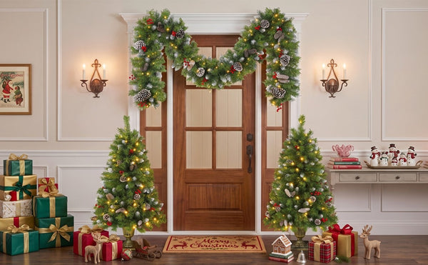 English Elm Pre-Lit Artificial Christmas 3 Piece Set with Warm White LED Entrance Trees and Garland N710P507110F
