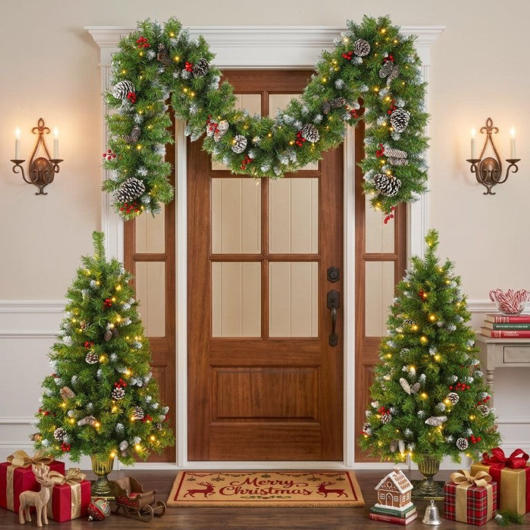 English Elm Pre-Lit Artificial Christmas 3 Piece Set with Warm White LED Entrance Trees and Garland N710P507110F