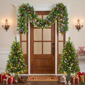 English Elm Pre-Lit Artificial Christmas 3 Piece Set with Warm White LED Entrance Trees and Garland N710P507110F