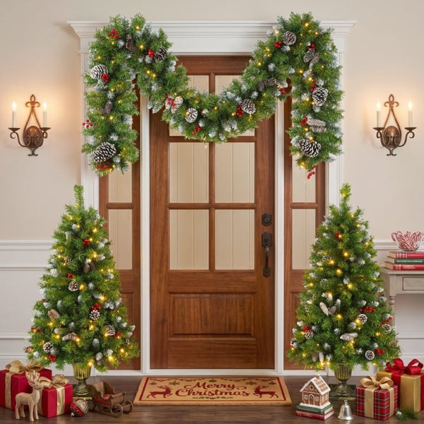 English Elm Pre-Lit Artificial Christmas 3 Piece Set with Warm White LED Entrance Trees and Garland N710P507110F