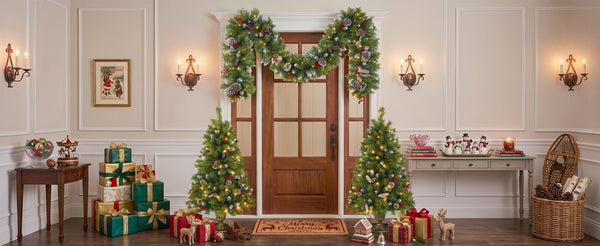 English Elm Pre-Lit Artificial Christmas 3 Piece Set with Warm White LED Entrance Trees and Garland N710P507110F