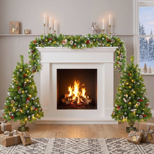 English Elm Pre-Lit Artificial Christmas 3 Piece Set with Warm White LED Entrance Trees and Garland N710P507110F