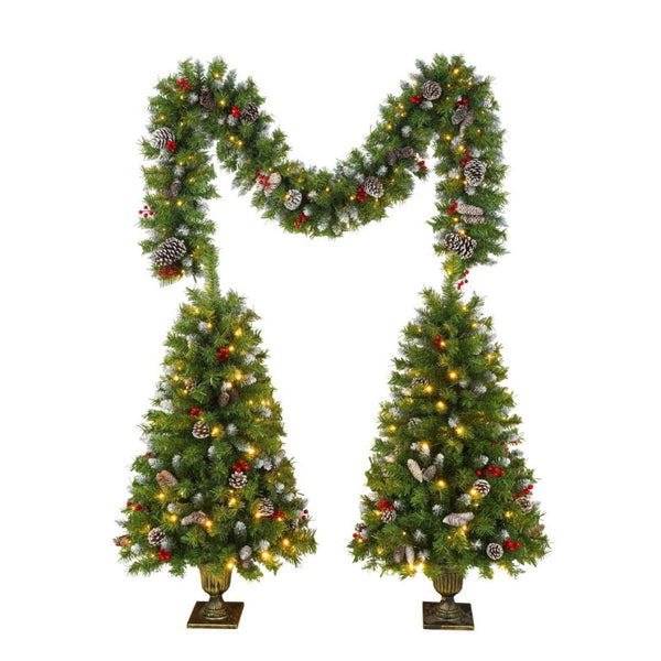 English Elm Pre-Lit Artificial Christmas 3 Piece Set with Warm White LED Entrance Trees and Garland N710P507110F