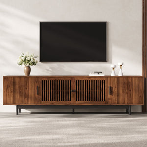 English Elm 70Inch Walnut Media Console with Solid Wood Legs Soft Close Doors and Cable Management 78.7 x 15.7 x 25 Slatted Doors with Adjustable Shelves N710P510677P