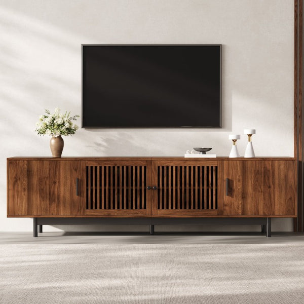 English Elm 70Inch Walnut Media Console with Solid Wood Legs Soft Close Doors and Cable Management 78.7 x 15.7 x 25 Slatted Doors with Adjustable Shelves N710P510677P