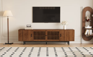 English Elm 70Inch Walnut Media Console with Solid Wood Legs Soft Close Doors and Cable Management 78.7 x 15.7 x 25 Slatted Doors with Adjustable Shelves N710P510677P