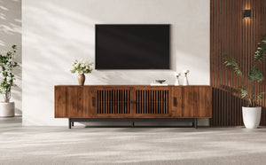 English Elm 70Inch Walnut Media Console with Solid Wood Legs Soft Close Doors and Cable Management 78.7 x 15.7 x 25 Slatted Doors with Adjustable Shelves N710P510677P