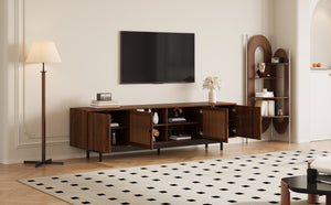 English Elm 70Inch Walnut Media Console with Solid Wood Legs Soft Close Doors and Cable Management 78.7 x 15.7 x 25 Slatted Doors with Adjustable Shelves N710P510677P
