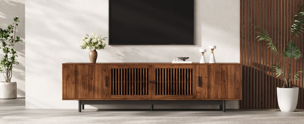 English Elm 70Inch Walnut Media Console with Solid Wood Legs Soft Close Doors and Cable Management 78.7 x 15.7 x 25 Slatted Doors with Adjustable Shelves N710P510677P