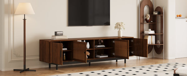 English Elm 70Inch Walnut Media Console with Solid Wood Legs Soft Close Doors and Cable Management 78.7 x 15.7 x 25 Slatted Doors with Adjustable Shelves N710P510677P