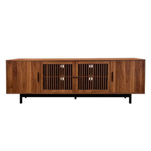 English Elm 70Inch Walnut Media Console with Solid Wood Legs Soft Close Doors and Cable Management 78.7 x 15.7 x 25 Slatted Doors with Adjustable Shelves N710P510677P