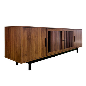 English Elm 70Inch Walnut Media Console with Solid Wood Legs Soft Close Doors and Cable Management 78.7 x 15.7 x 25 Slatted Doors with Adjustable Shelves N710P510677P