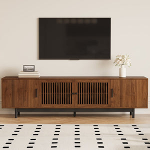 English Elm 70Inch Walnut Media Console with Solid Wood Legs Soft Close Doors and Cable Management 78.7 x 15.7 x 25 Slatted Doors with Adjustable Shelves N710P510677P