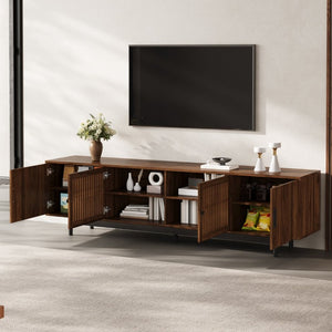 English Elm 70Inch Walnut Media Console with Solid Wood Legs Soft Close Doors and Cable Management 78.7 x 15.7 x 25 Slatted Doors with Adjustable Shelves N710P510677P