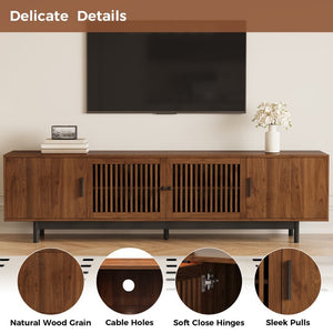 English Elm 70Inch Walnut Media Console with Solid Wood Legs Soft Close Doors and Cable Management 78.7 x 15.7 x 25 Slatted Doors with Adjustable Shelves N710P510677P