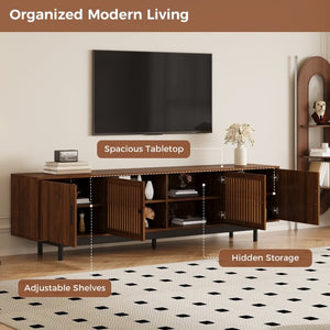 English Elm 70Inch Walnut Media Console with Solid Wood Legs Soft Close Doors and Cable Management 78.7 x 15.7 x 25 Slatted Doors with Adjustable Shelves N710P510677P