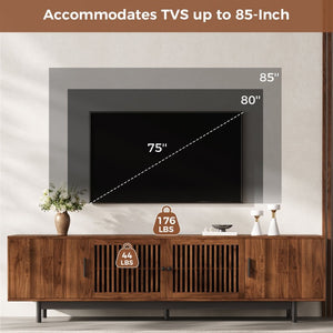 English Elm 70Inch Walnut Media Console with Solid Wood Legs Soft Close Doors and Cable Management 78.7 x 15.7 x 25 Slatted Doors with Adjustable Shelves N710P510677P