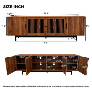 English Elm 70Inch Walnut Media Console with Solid Wood Legs Soft Close Doors and Cable Management 78.7 x 15.7 x 25 Slatted Doors with Adjustable Shelves N710P510677P