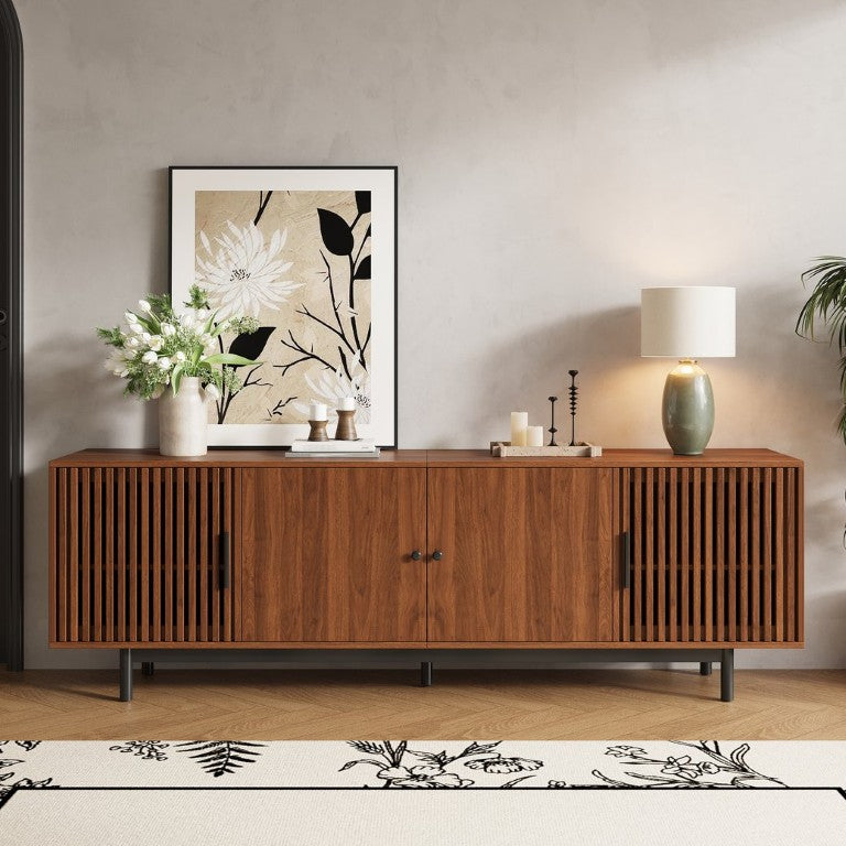 English Elm 78 Inch Walnut Media Console with Slatted Doors Soft Close Hinges and Adjustable Shelves N710P510678P